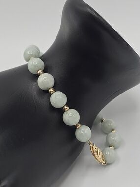 14k Yellow Gold Pale Green Jade Beads Bracelet Signed GSJ 6.25” 14g